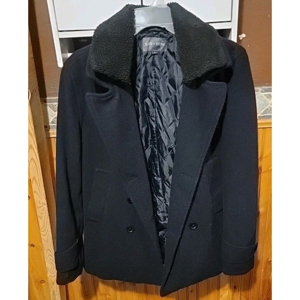 Slate & Stone Men's Peacoat L Black Wool Blend Jacket Warm Winter Coat